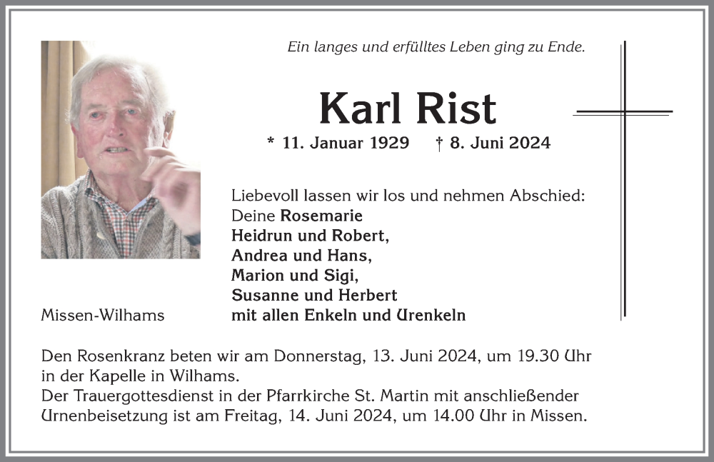  Traueranzeige für Karl Rist vom 12.06.2024 aus Allgäuer Anzeigeblatt