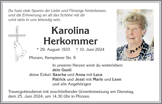 Traueranzeige von Karolina Herkommer von Allgäuer Zeitung, Kaufbeuren/Buchloe