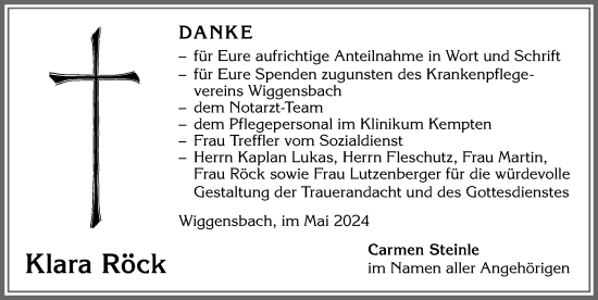 Traueranzeige von Klara Röck von Allgäuer Zeitung,Kempten