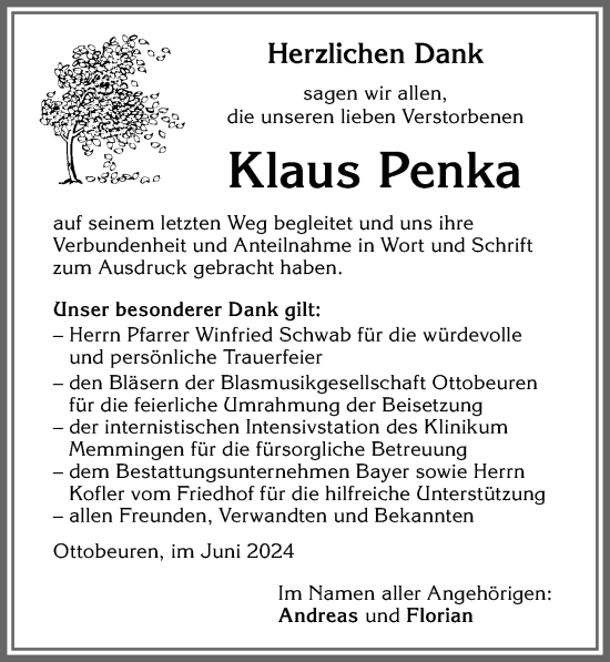 Traueranzeige von Klaus Penka von Memminger Zeitung