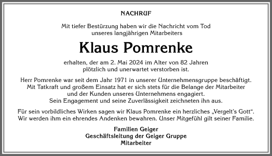 Traueranzeige von Klaus Pomrenke von Der Westallgäuer