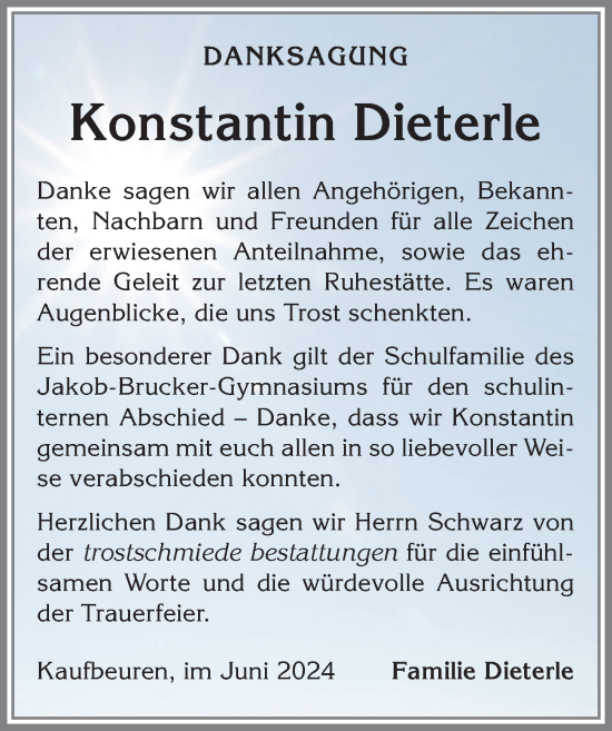 Traueranzeige von Konstantin Dieterle von Allgäuer Zeitung, Kaufbeuren/Buchloe