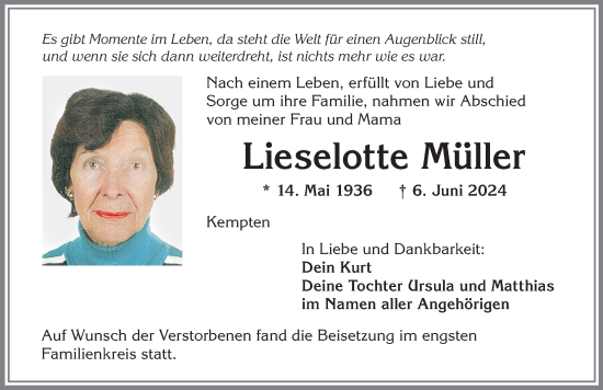 Traueranzeige von Lieselotte Müller von Allgäuer Zeitung,Kempten