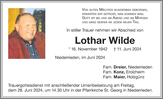 Traueranzeige von Lothar Wilde von Memminger Zeitung