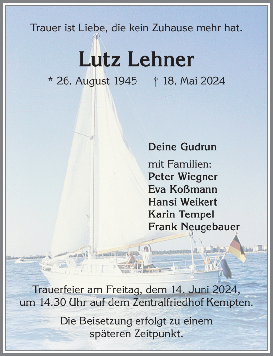 Traueranzeige von Lutz Lehner von Allgäuer Zeitung,Kempten