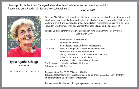 Traueranzeige von Lydia Agatha Schugg von Allgäuer Zeitung,Kempten