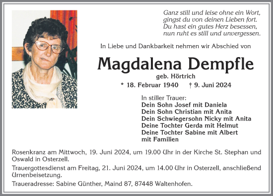 Traueranzeige von Magdalena Dempfle von Allgäuer Zeitung, Kaufbeuren/Buchloe