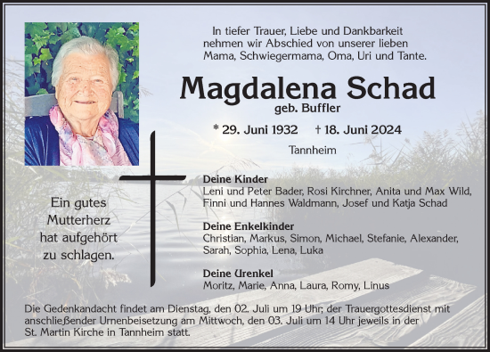Traueranzeige von Magdalena Schad von Memminger Zeitung