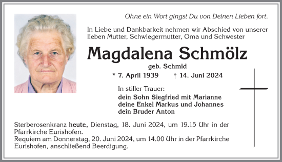 Traueranzeige von Magdalena Schmölz von Allgäuer Zeitung, Kaufbeuren/Buchloe