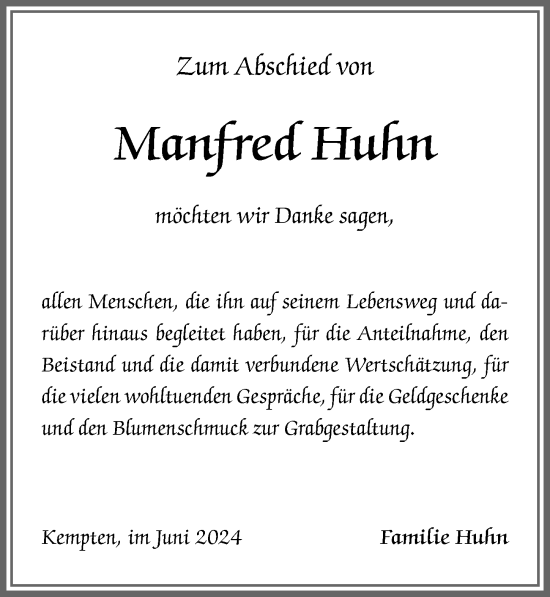 Traueranzeige von Manfred Huhn von Allgäuer Zeitung,Kempten
