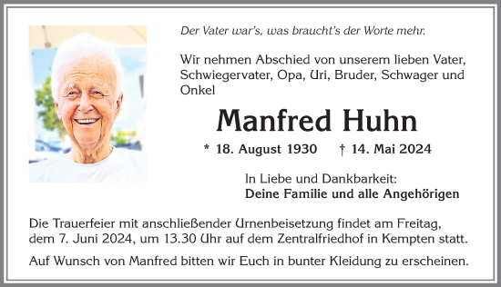 Traueranzeige von Manfred Huhn von Allgäuer Zeitung,Kempten