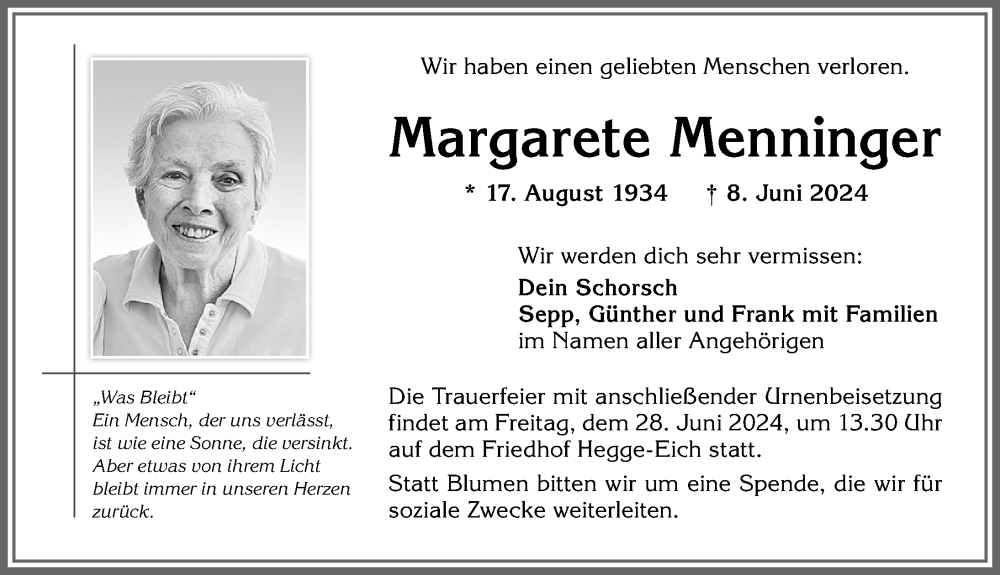  Traueranzeige für Margarete Menninger vom 22.06.2024 aus Allgäuer Zeitung,Kempten