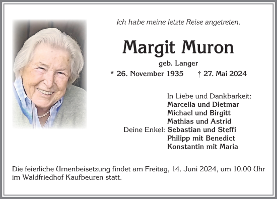 Traueranzeige von Margit Muron von Allgäuer Zeitung, Kaufbeuren/Buchloe