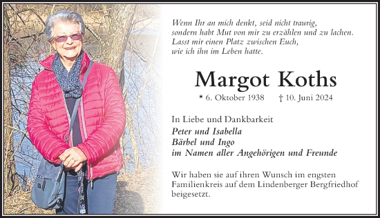Traueranzeige von Margot Koths von Der Westallgäuer