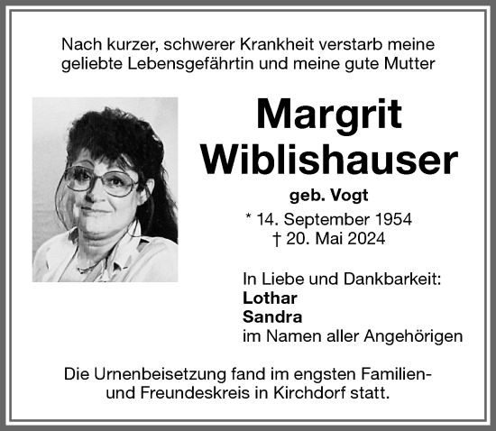 Traueranzeige von Margrit Wiblishauser von Memminger Zeitung