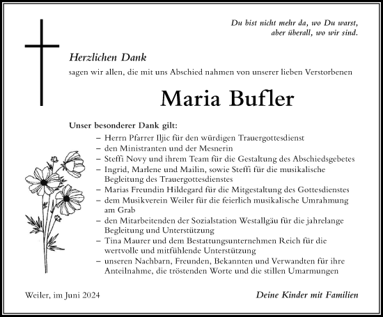 Traueranzeige von Maria Bufler von Der Westallgäuer