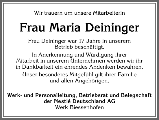 Traueranzeige von Maria Deininger von Allgäuer Zeitung, Kaufbeuren/Buchloe