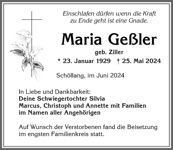 Traueranzeige von Maria Geßler von Allgäuer Anzeigeblatt