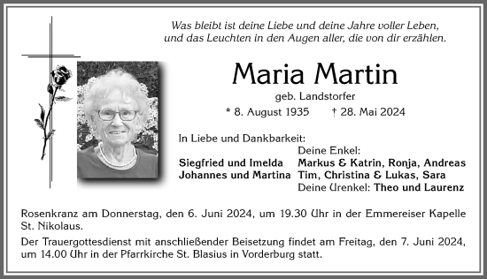 Traueranzeige von Maria Martin von Allgäuer Anzeigeblatt
