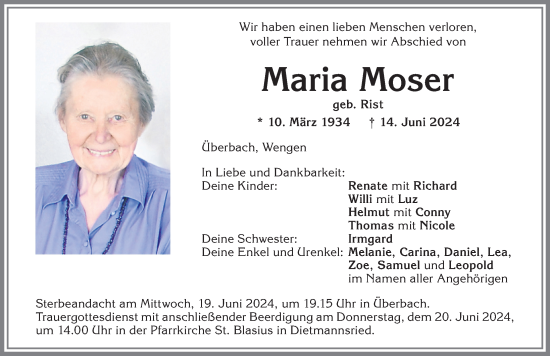 Traueranzeige von Maria Moser von Allgäuer Zeitung,Kempten