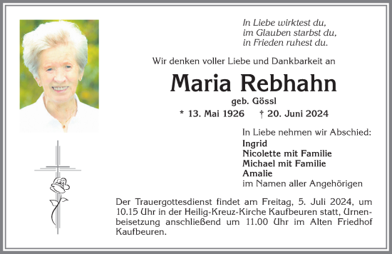 Traueranzeige von Maria Rebhahn von Allgäuer Zeitung, Kaufbeuren/Buchloe