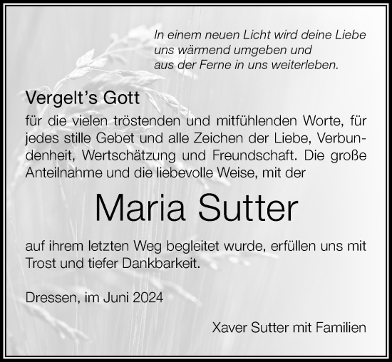 Traueranzeige von Maria Sutter von Der Westallgäuer