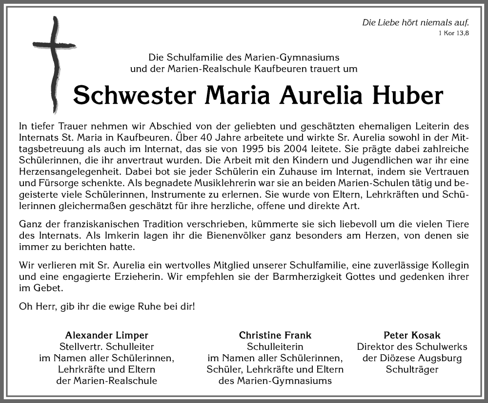  Traueranzeige für Maria Aurelia Huber vom 01.06.2024 aus Allgäuer Zeitung, Kaufbeuren/Buchloe