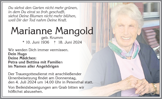 Traueranzeige von Marianne Mangold von Allgäuer Zeitung,Kempten
