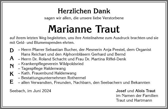 Traueranzeige von Marianne Traut von Allgäuer Zeitung,Kempten