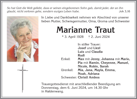 Traueranzeige von Marianne Traut von Allgäuer Zeitung,Kempten