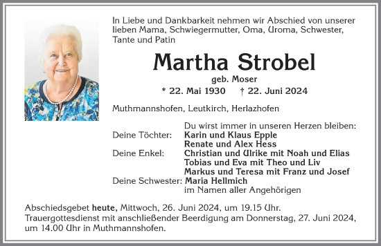 Traueranzeige von Martha Strobel von Allgäuer Zeitung,Kempten