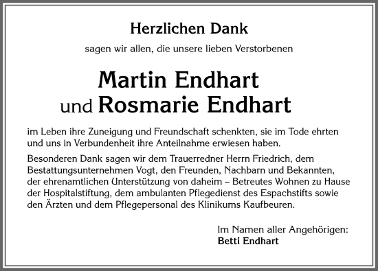 Traueranzeige von Martin Endhart von Allgäuer Zeitung, Kaufbeuren/Buchloe
