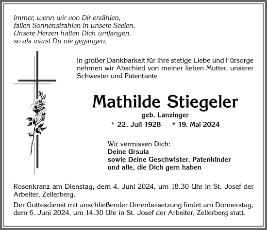 Traueranzeige von Mathilde Stiegeler von Augsburger Allgemeine, Mindelheimer Zeitung