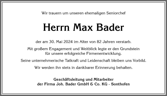 Traueranzeige von Max Bader von Allgäuer Anzeigeblatt