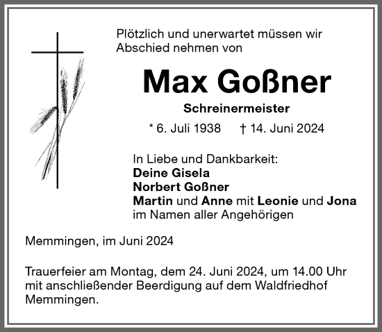 Traueranzeige von Max Goßner von Memminger Zeitung