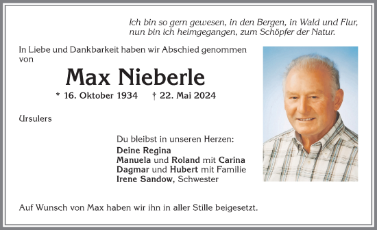 Traueranzeige von Max Nieberle von Allgäuer Zeitung,Kempten