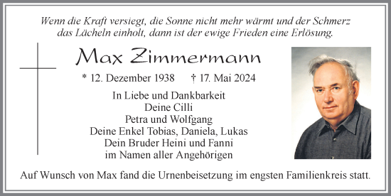 Traueranzeige von Max Zimmermann von Allgäuer Zeitung, Marktoberdorf