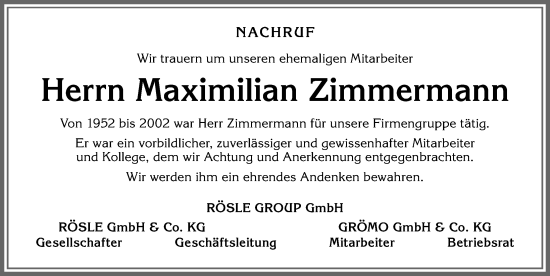 Traueranzeige von Maximilian Zimmermann von Allgäuer Zeitung, Marktoberdorf