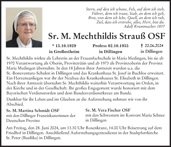 Traueranzeige von Mechthildis Strauß von Augsburger Allgemeine, Donau Zeitung