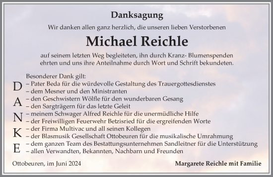 Traueranzeige von Michael Reichle von Memminger Zeitung