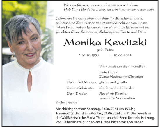 Traueranzeige von Monika Kewitzki von Der Westallgäuer