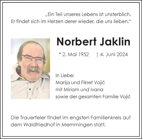 Traueranzeige von Norbert Jaklin von Memminger Zeitung