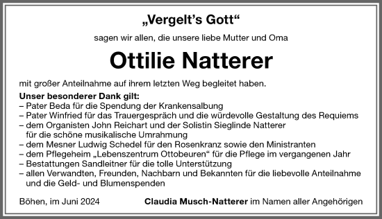 Traueranzeige von Ottilie Natterer von Memminger Zeitung
