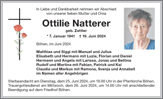 Traueranzeige von Ottilie Natterer von Memminger Zeitung