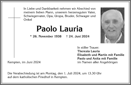 Traueranzeige von Paolo Lauria von Allgäuer Zeitung,Kempten