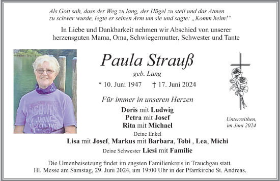 Traueranzeige von Paula Strauß von Allgäuer Zeitung, Füssen