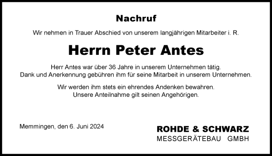 Traueranzeige von Peter Antes von Memminger Zeitung
