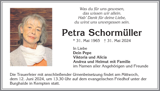 Traueranzeige von Petra Schormüller von Allgäuer Zeitung,Kempten