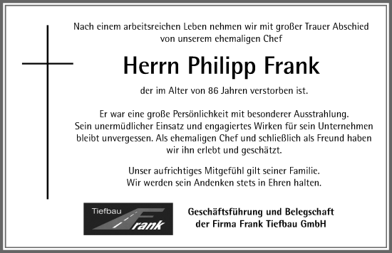 Traueranzeige von Philipp Frank von Allgäuer Zeitung, Füssen