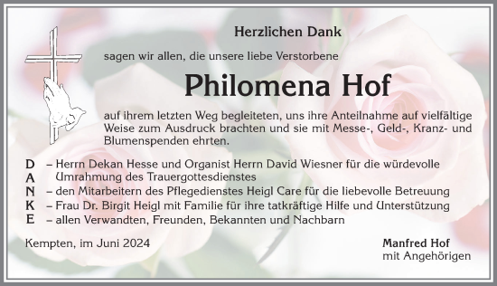 Traueranzeige von Philomena Hof von Allgäuer Zeitung,Kempten